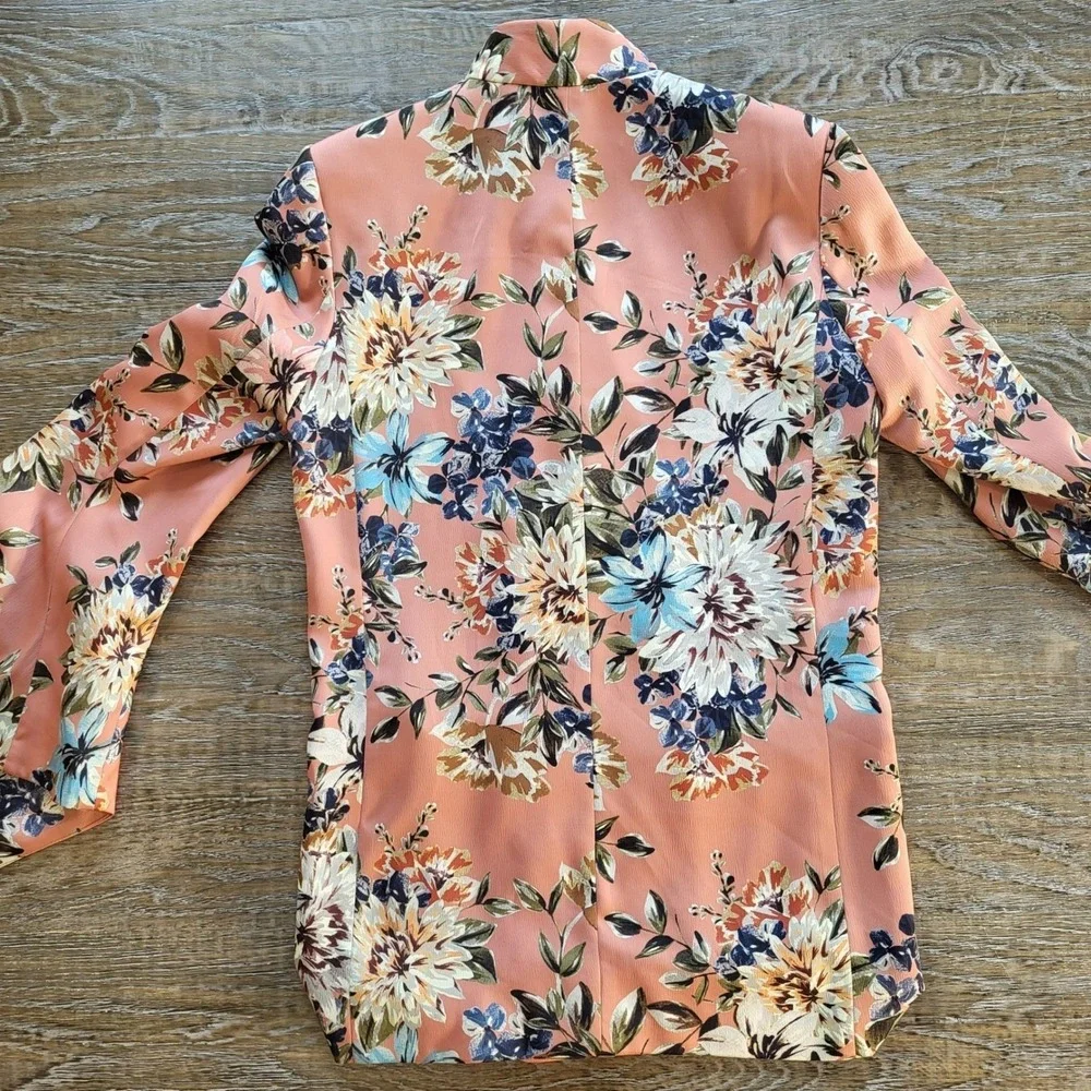 Zara Basic Floral Blazer Salmon Pink Split Bell Sleeve Open Front Jacket Small